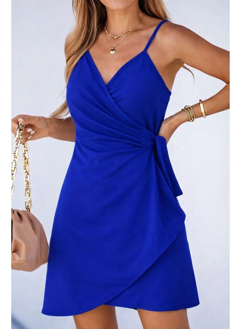 Kadın Ip Askılı Kruvaze Yakalı Belden Kuşaklı Kısa Janjan Krep Elbise