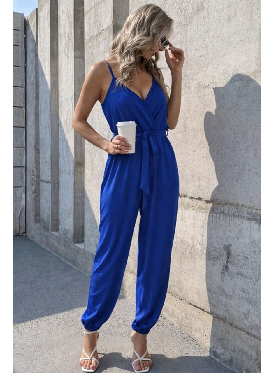 Kadın Ip Askılı Kruvaze Yakalı Belden Kuşaklı Uzun Sandy Tulum