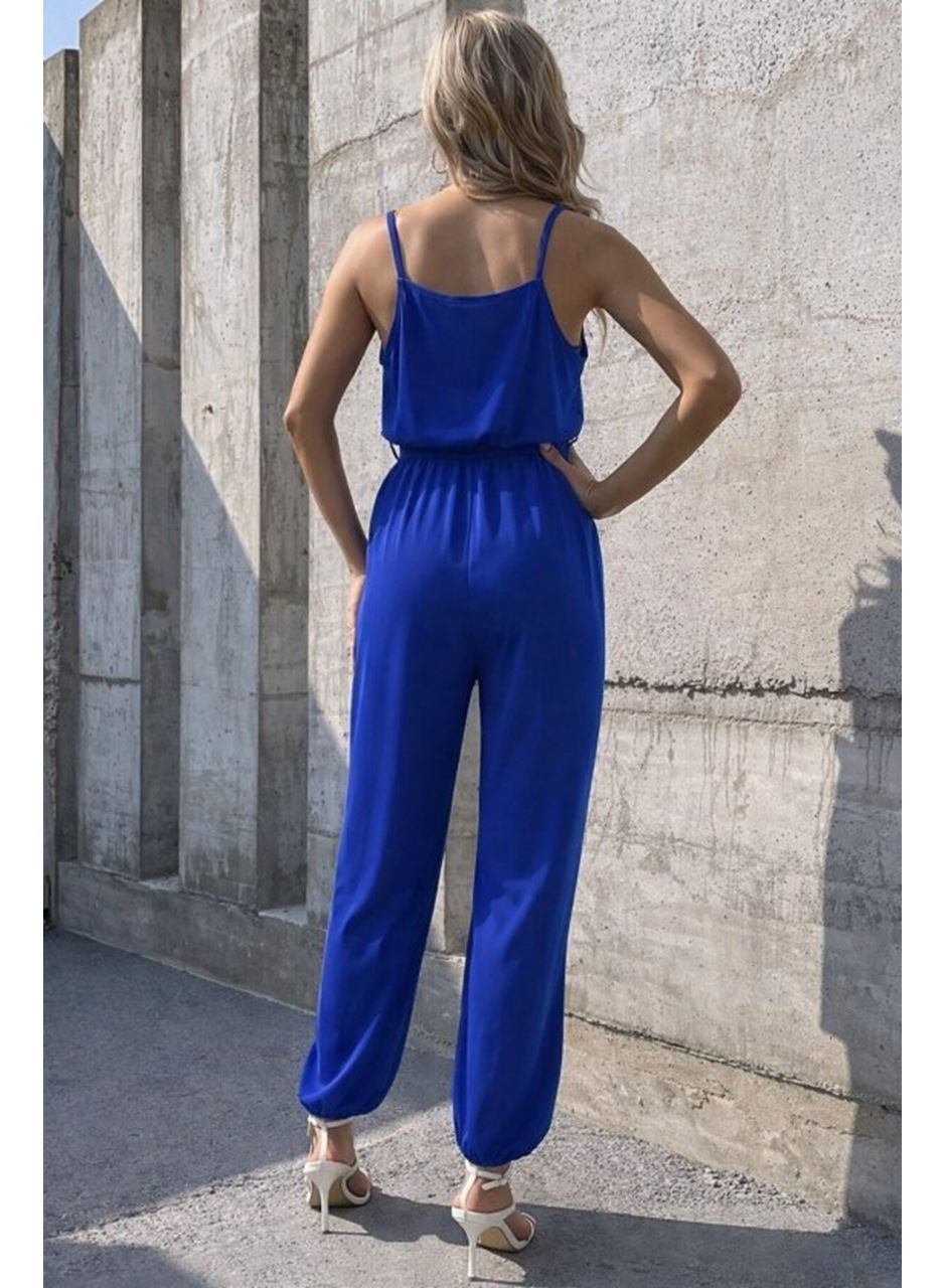 Kadın Ip Askılı Kruvaze Yakalı Belden Kuşaklı Uzun Sandy Tulum