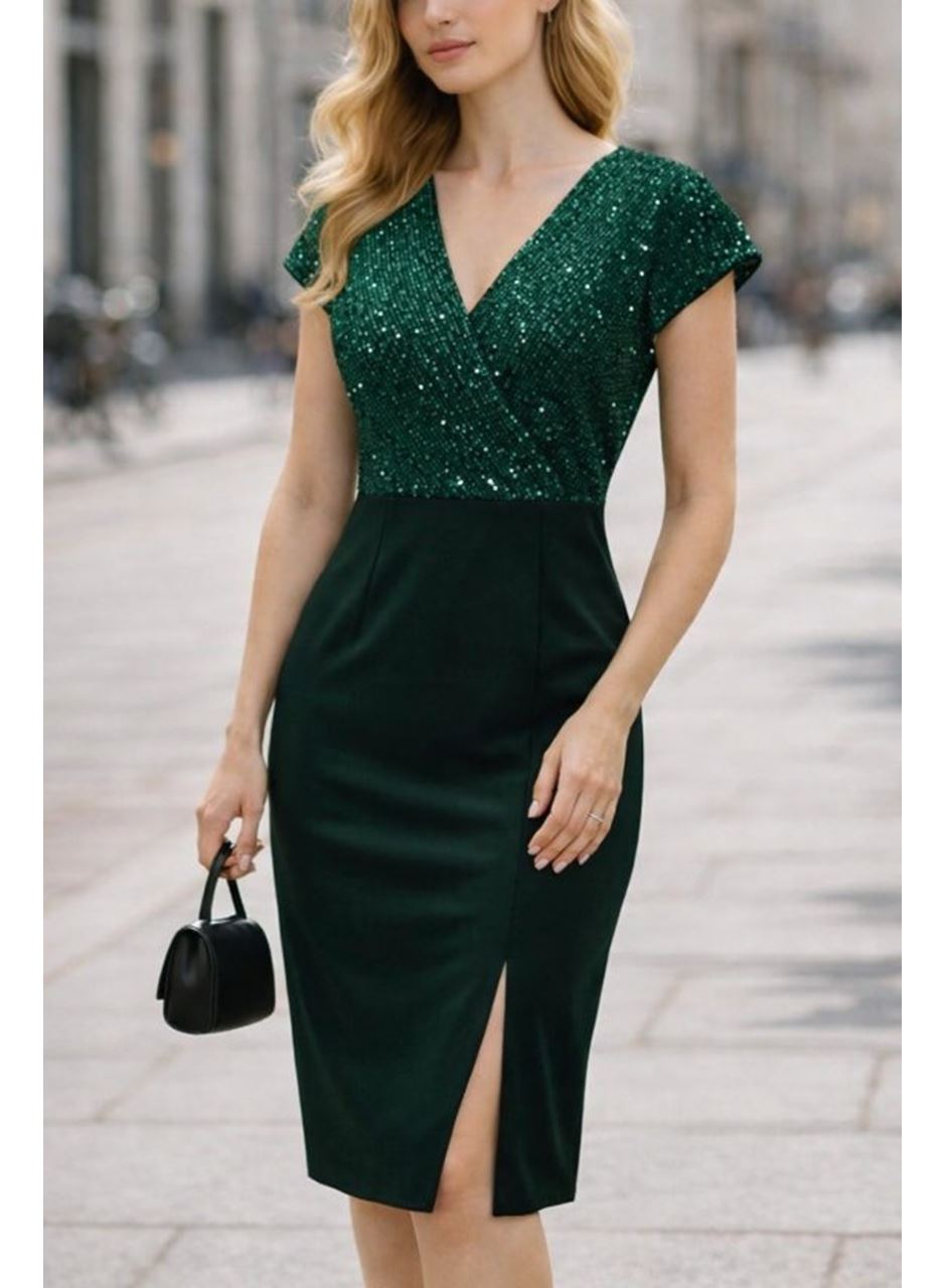 Kadın Kısa Kollu Kruvaze Yakalı ışıltı Detaylı Midi Ithal Krep Elbise