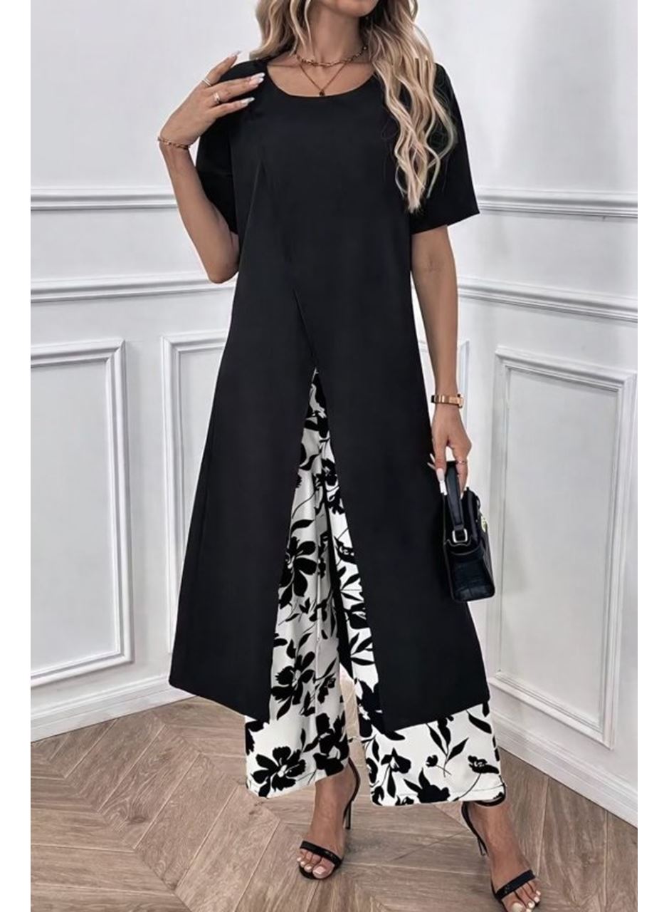 Kadın Kısa Kollu önden çapraz Detaylı Viskon Uzun Bluz Ve Desenli Iki Iplik Pantolon Ikili Takım