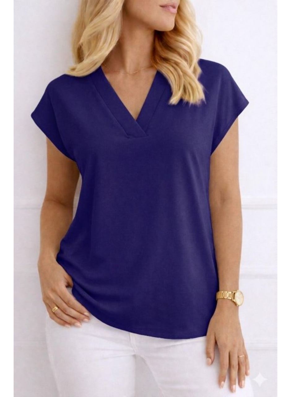 Kadın V Yaka Kısa Kol Dokuma Viskon Kumaş Bluz