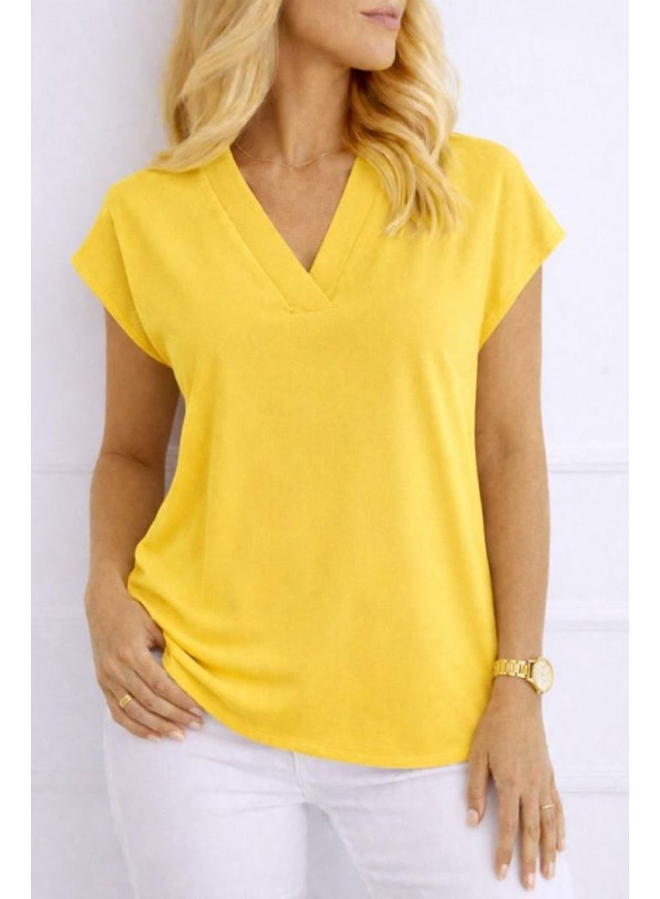 Kadın V Yaka Kısa Kol Dokuma Viskon Kumaş Bluz