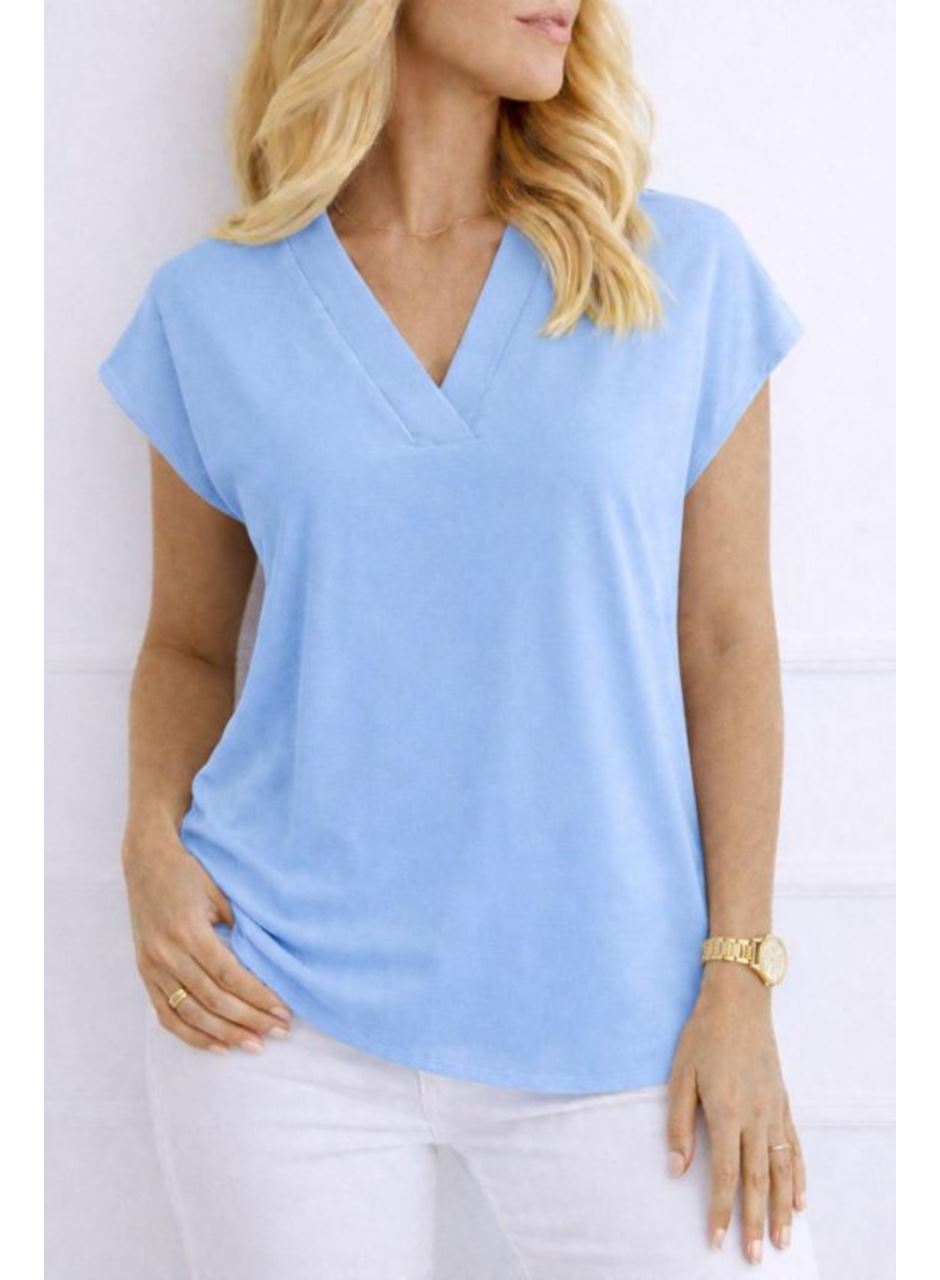 Kadın V Yaka Kısa Kol Dokuma Viskon Kumaş Bluz