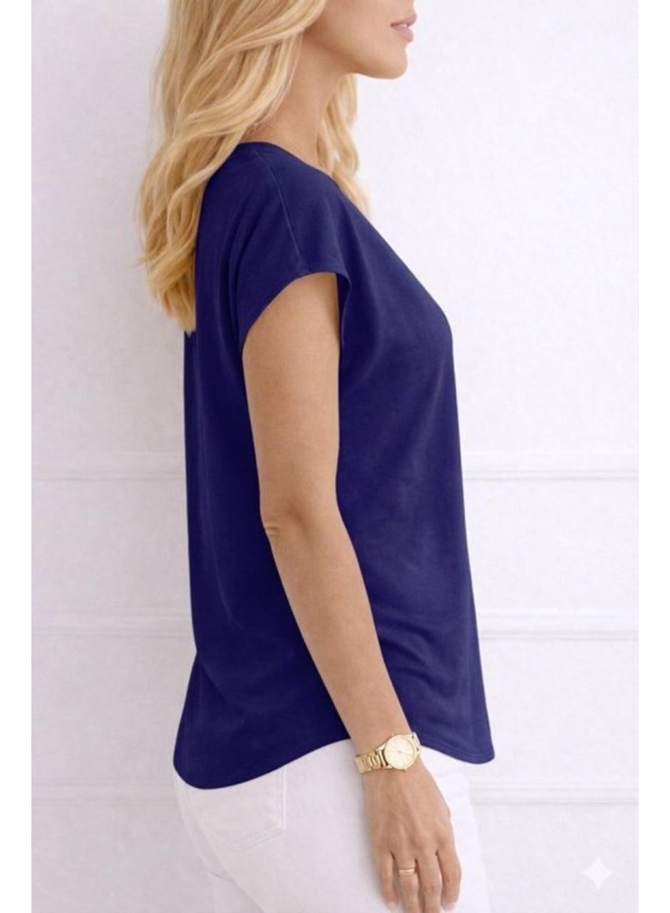 Kadın V Yaka Kısa Kol Dokuma Viskon Kumaş Bluz