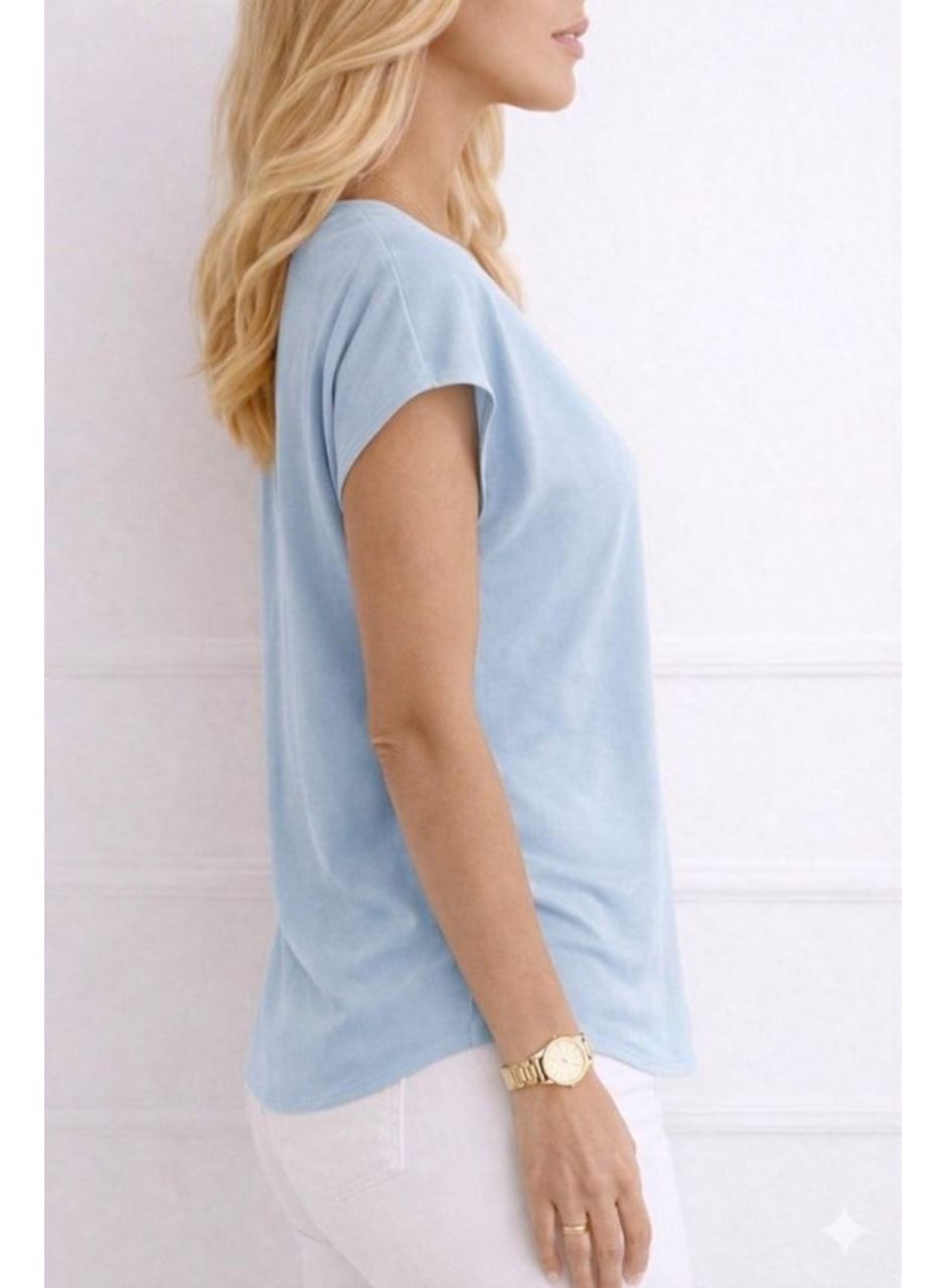 Kadın V Yaka Kısa Kol Dokuma Viskon Kumaş Bluz