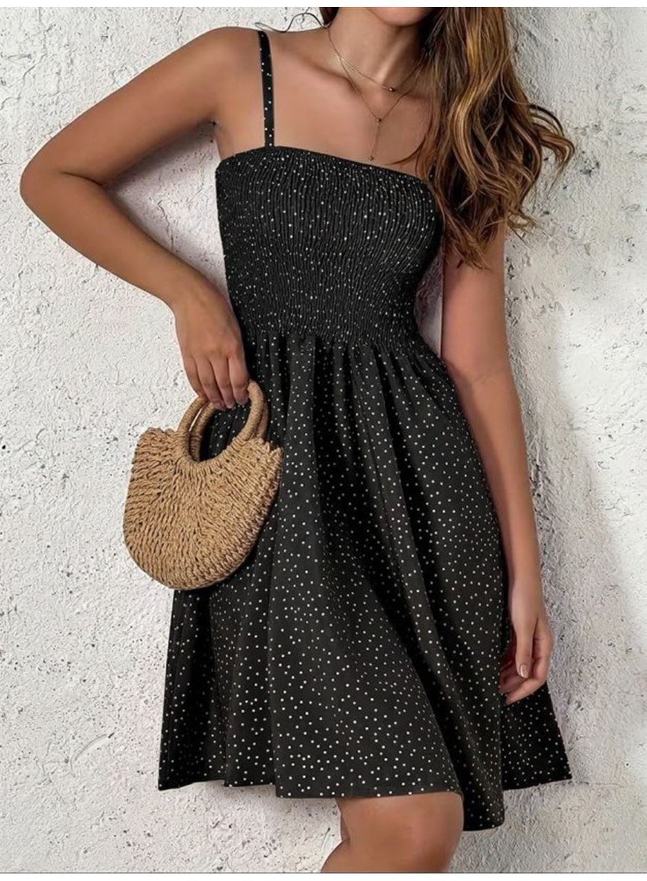 Kadın Ip Askılı Gipeli Desenli Kısa Süprem Elbise