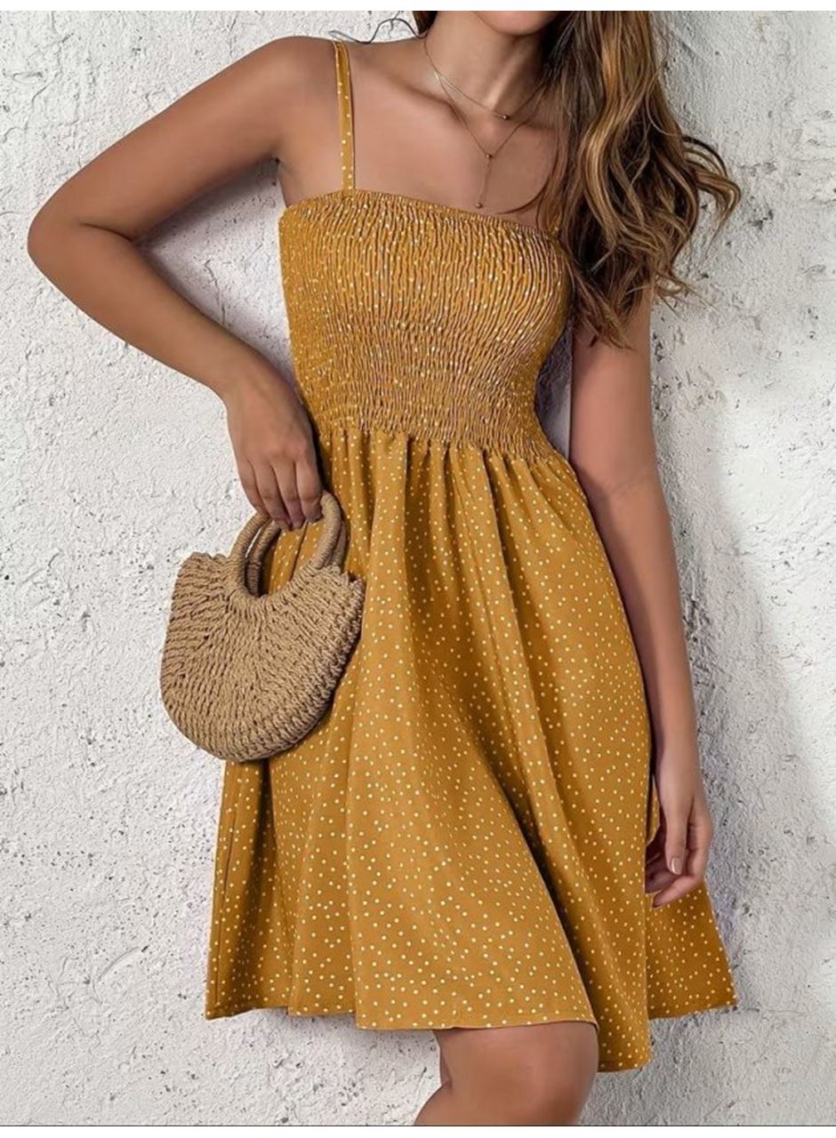 Kadın Ip Askılı Gipeli Desenli Kısa Süprem Elbise