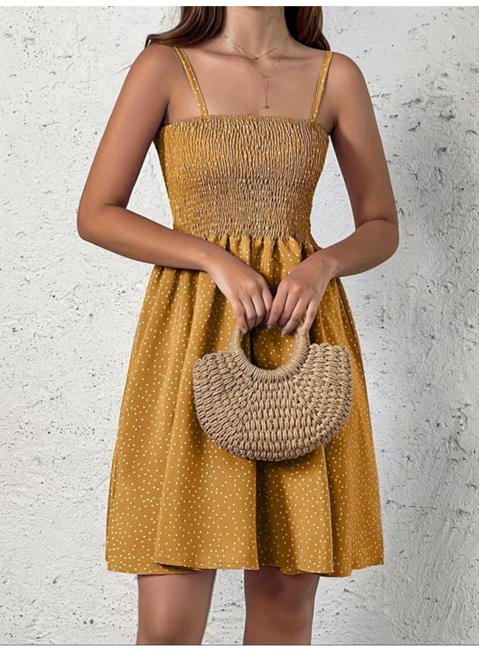 Kadın Ip Askılı Gipeli Desenli Kısa Süprem Elbise