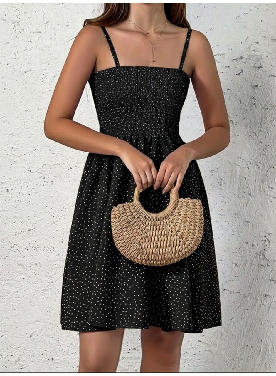 Kadın Ip Askılı Gipeli Desenli Kısa Süprem Elbise