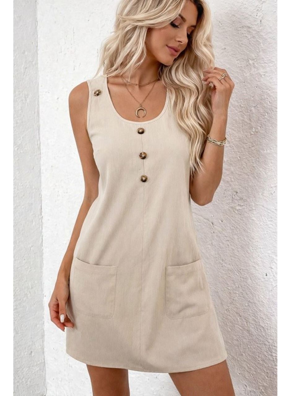 Kadın Askılı Yuvarlak Yakalı önden Düğmeli Cep Detaylı Kısa Elbise
