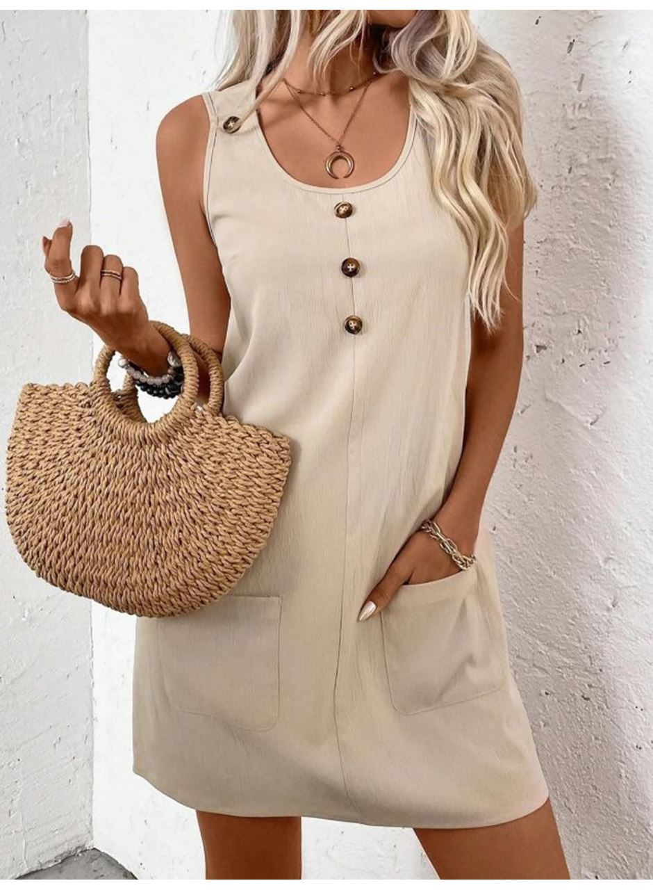 Kadın Askılı Yuvarlak Yakalı önden Düğmeli Cep Detaylı Kısa Elbise