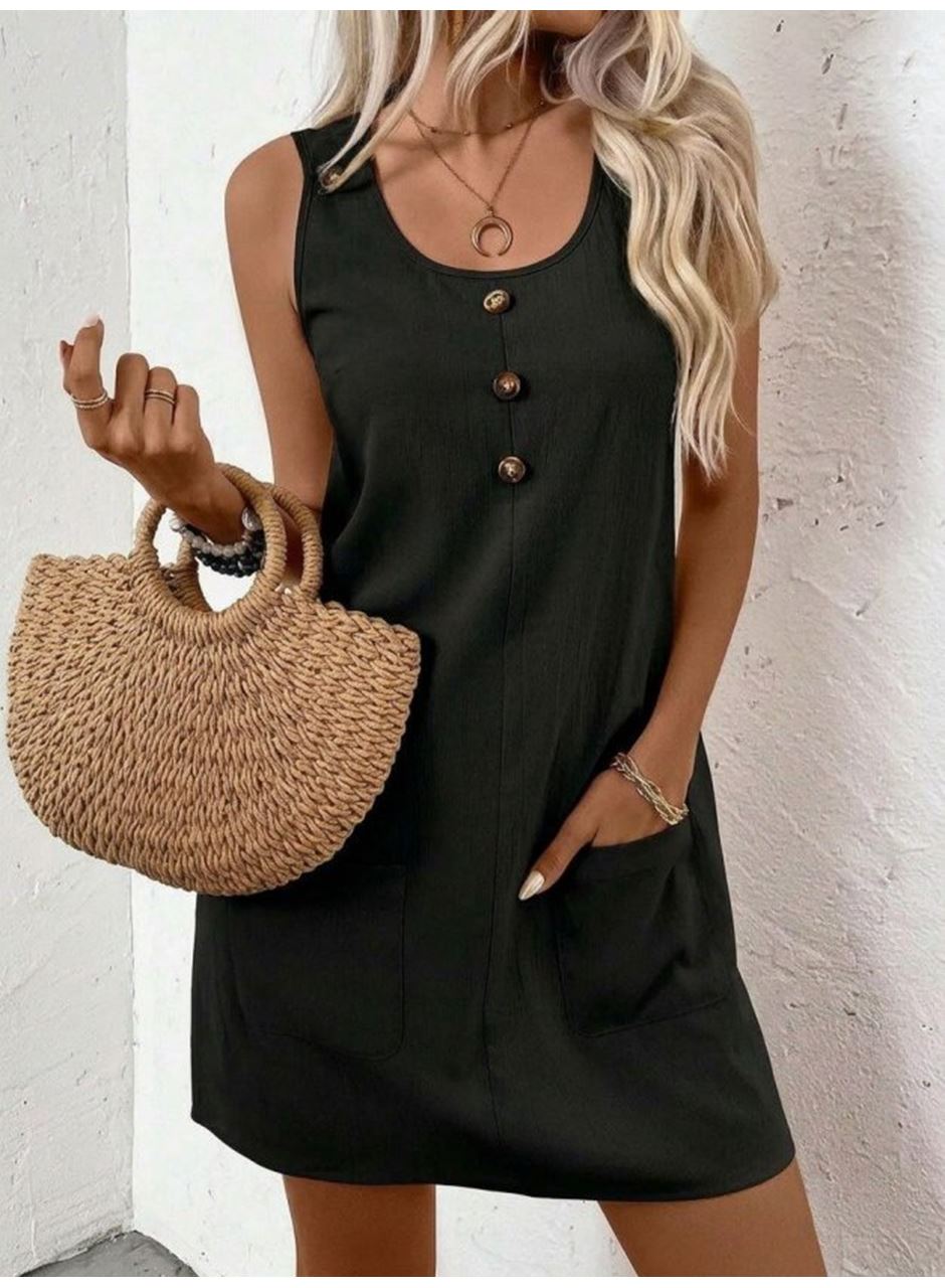 Kadın Askılı Yuvarlak Yakalı önden Düğmeli Cep Detaylı Kısa Elbise