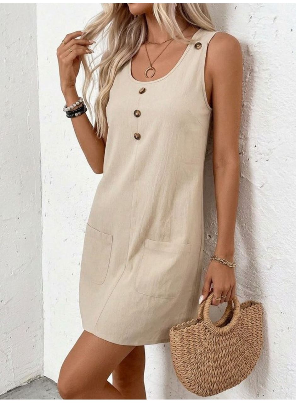 Kadın Askılı Yuvarlak Yakalı önden Düğmeli Cep Detaylı Kısa Elbise