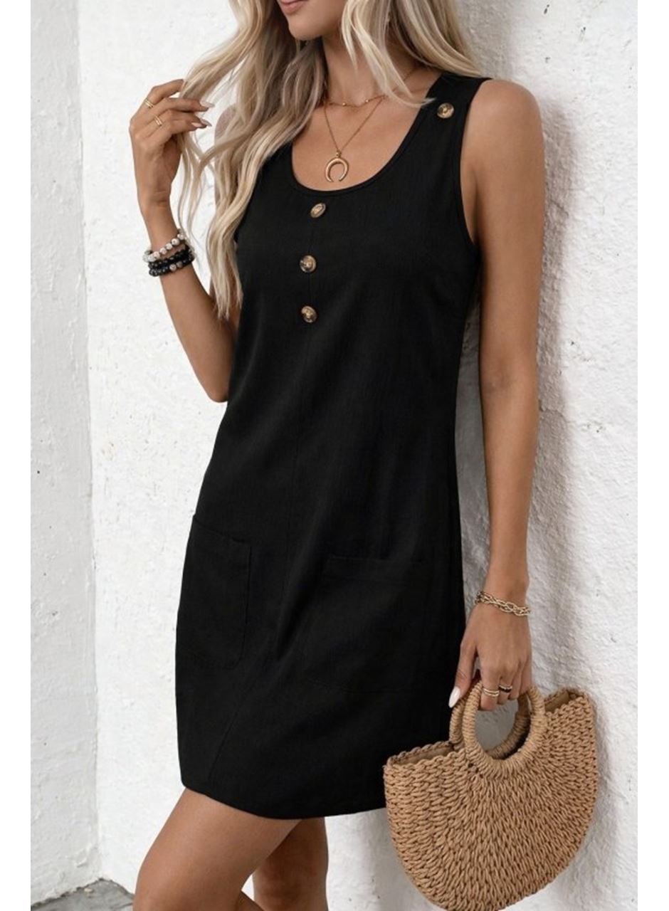 Kadın Askılı Yuvarlak Yakalı önden Düğmeli Cep Detaylı Kısa Elbise