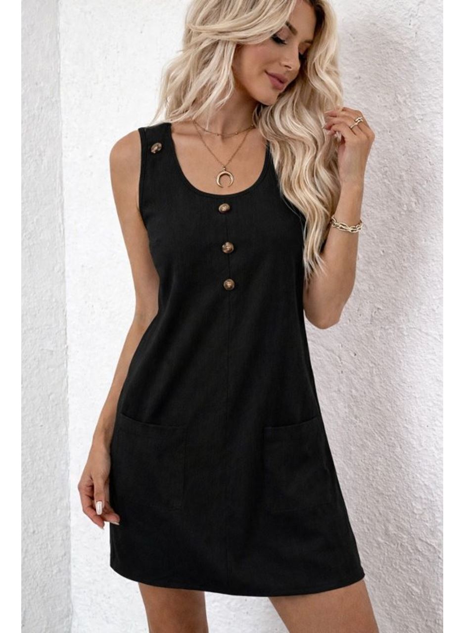 Kadın Askılı Yuvarlak Yakalı önden Düğmeli Cep Detaylı Kısa Elbise