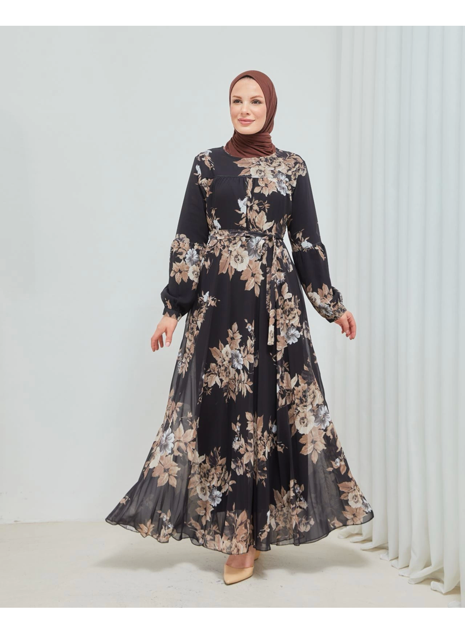 Yaprak Desenli Zarif ve Şık Uzun Boy Büyük Beden Astarlı Şifon Elbise ( Lisinya )