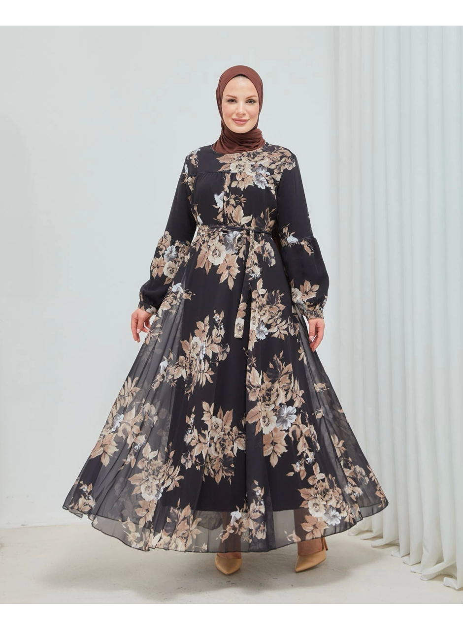 Yaprak Desenli Zarif ve Şık Uzun Boy Büyük Beden Astarlı Şifon Elbise ( Lisinya )