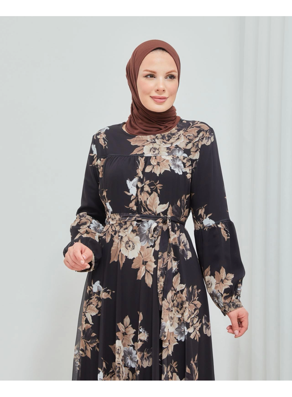 Yaprak Desenli Zarif ve Şık Uzun Boy Büyük Beden Astarlı Şifon Elbise ( Lisinya )