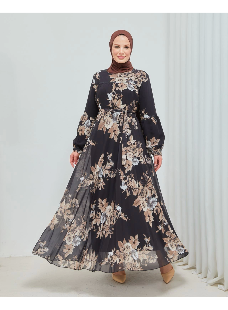 Yaprak Desenli Zarif ve Şık Uzun Boy Büyük Beden Astarlı Şifon Elbise ( Lisinya )