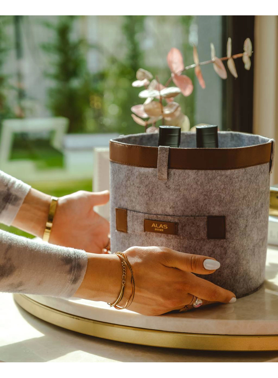 Deri Şeritli Yuvarlak Çok Amaçlı Düzenleyici Organizer Kutu Keçe Sepet (mega) 03877 (