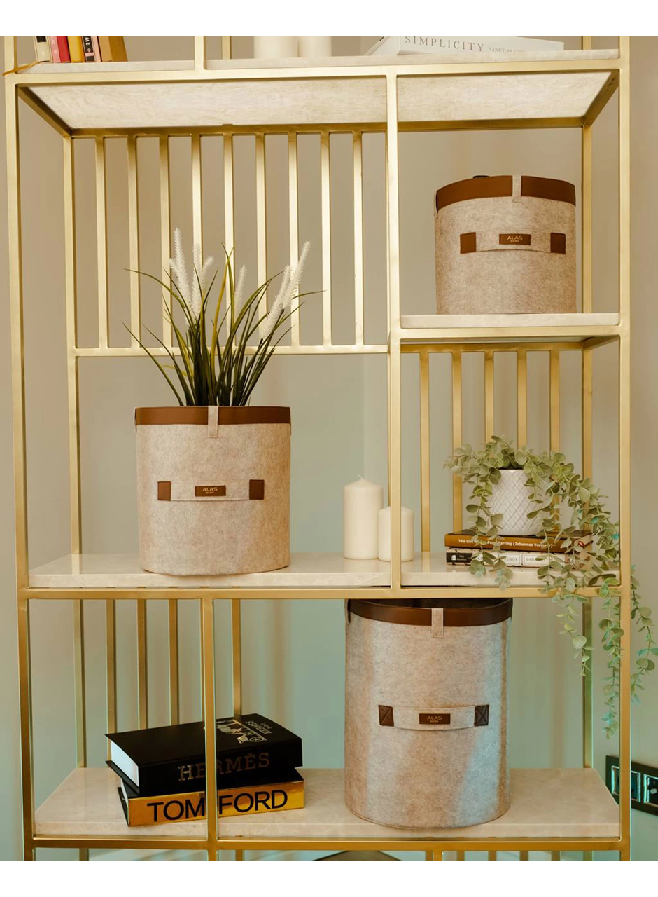 Deri Şeritli Yuvarlak Çok Amaçlı Düzenleyici Organizer Kutu Keçe Sepet (3'lü Set) (