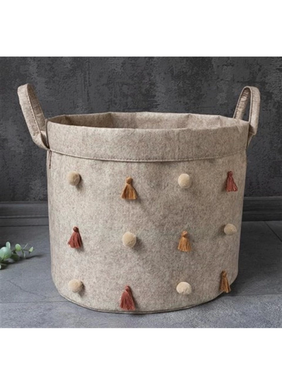 Katlanabilir Çok Amaçlı Ponponlu Yuvarlak Düzenleyici Saklama Kutusu Organizer Keçe (mini Boy) - 03785 (