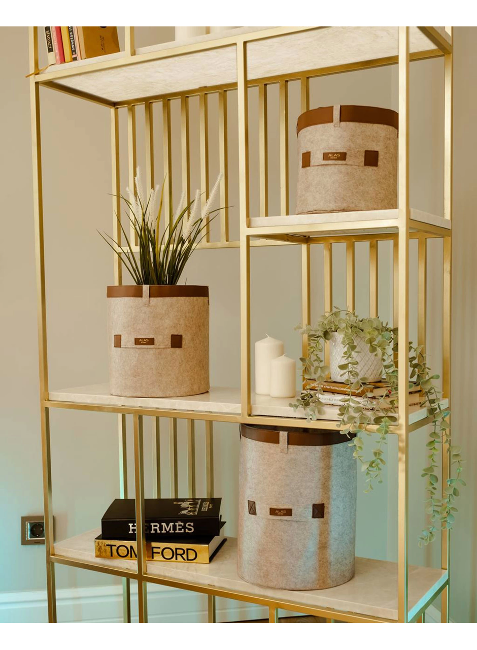 Deri Şeritli Yuvarlak Çok Amaçlı Düzenleyici Organizer Kutu Keçe Sepet (3'lü Set) (