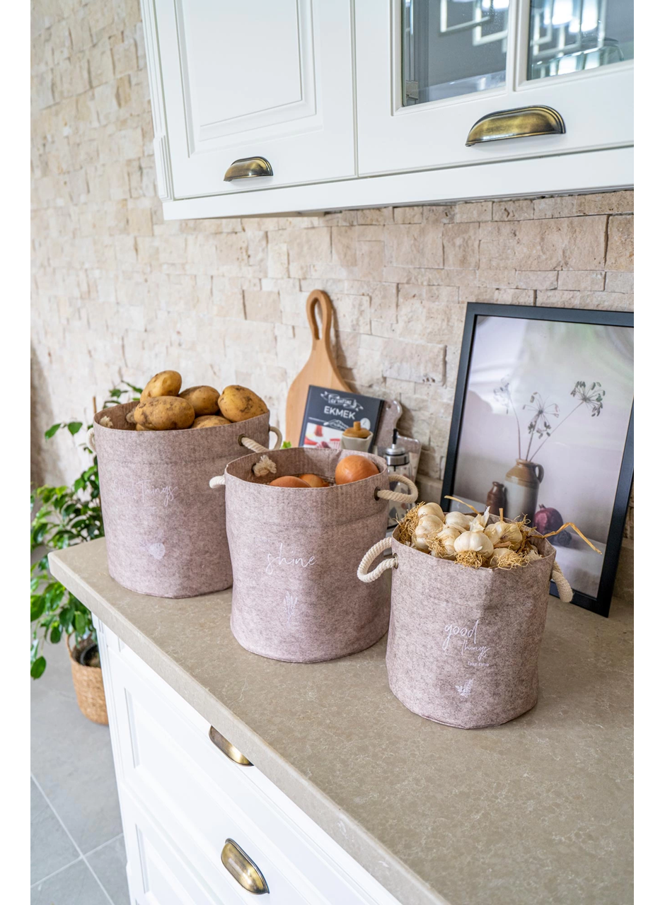 Kulplu Yuvarlak Düzenleyici Çok Amaçlı Kolay Taşınabilen Organizer Keçe Sepet (3'lü Set) (