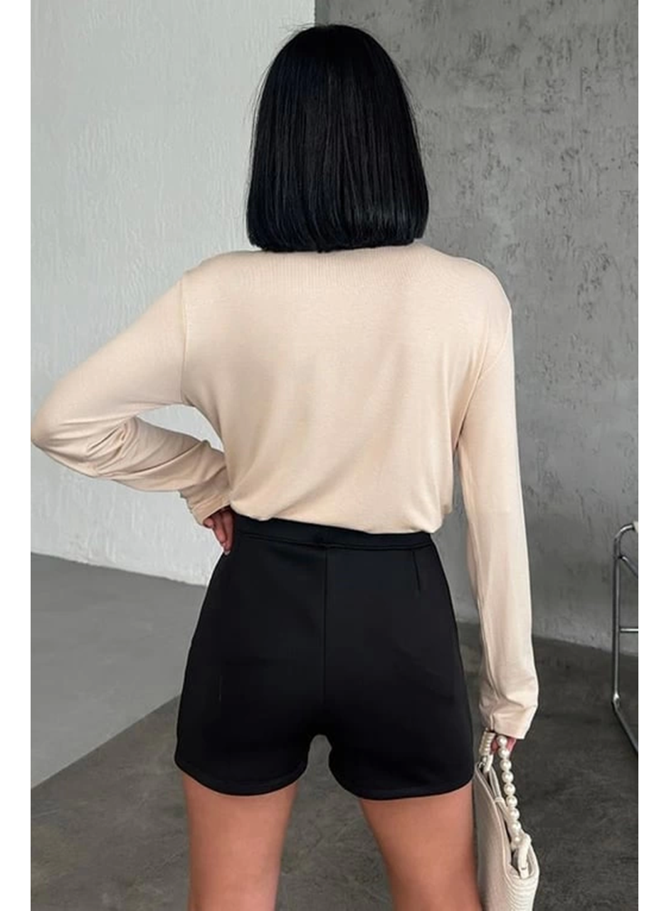 Rahat Ve Şık Uzun Kollu Bisiklet Yaka Likralı Viskon Penye Body Bej (
