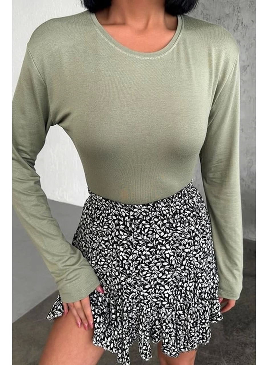 Rahat Ve Şık Uzun Kollu Bisiklet Yaka Likralı Viskon Penye Body Haki (