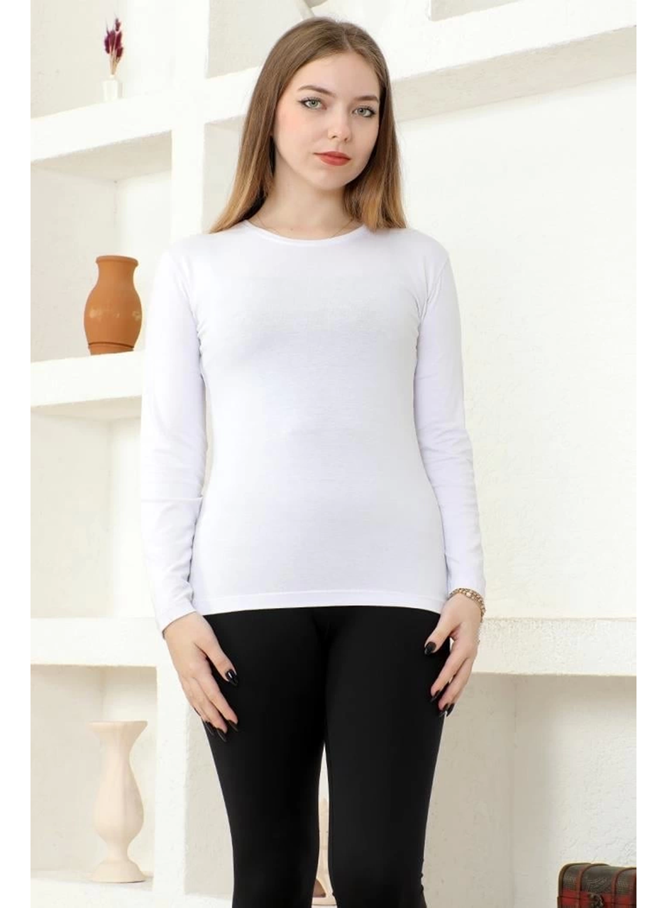 Rahat Ve Şık Uzun Kollu Bisiklet Yaka Likralı Viskon Penye Body Beyaz (
