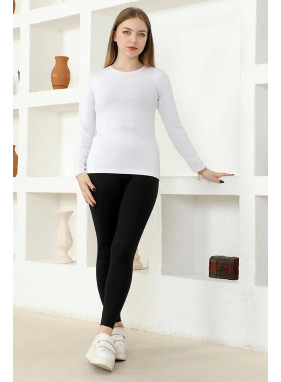 Rahat Ve Şık Uzun Kollu Bisiklet Yaka Likralı Viskon Penye Body Beyaz (