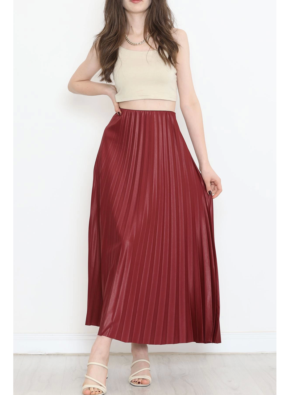 Zarif ve Modern Pileli Parlak Krep Gizli Lastikli Bordo Etek (