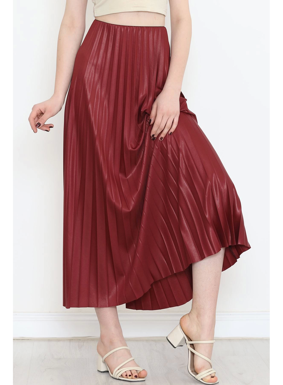 Zarif ve Modern Pileli Parlak Krep Gizli Lastikli Bordo Etek (