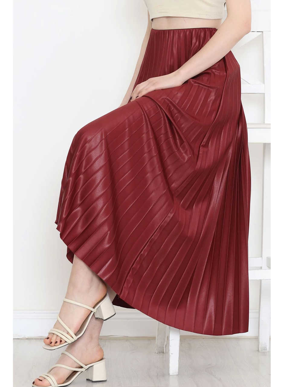 Zarif ve Modern Pileli Parlak Krep Gizli Lastikli Bordo Etek (
