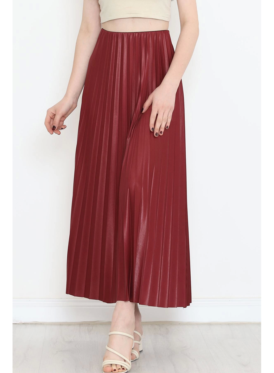Zarif ve Modern Pileli Parlak Krep Gizli Lastikli Bordo Etek (