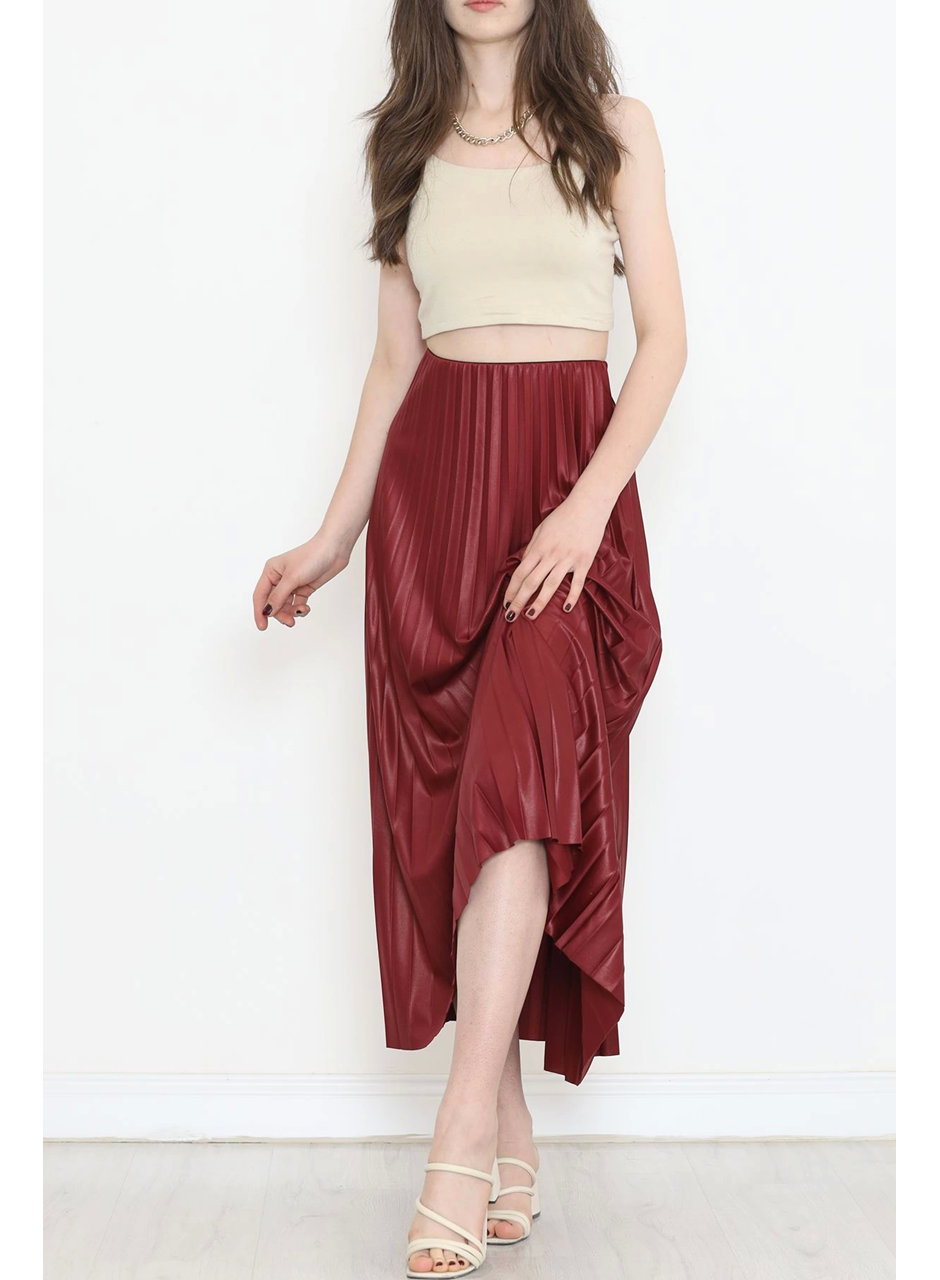 Zarif ve Modern Pileli Parlak Krep Gizli Lastikli Bordo Etek (