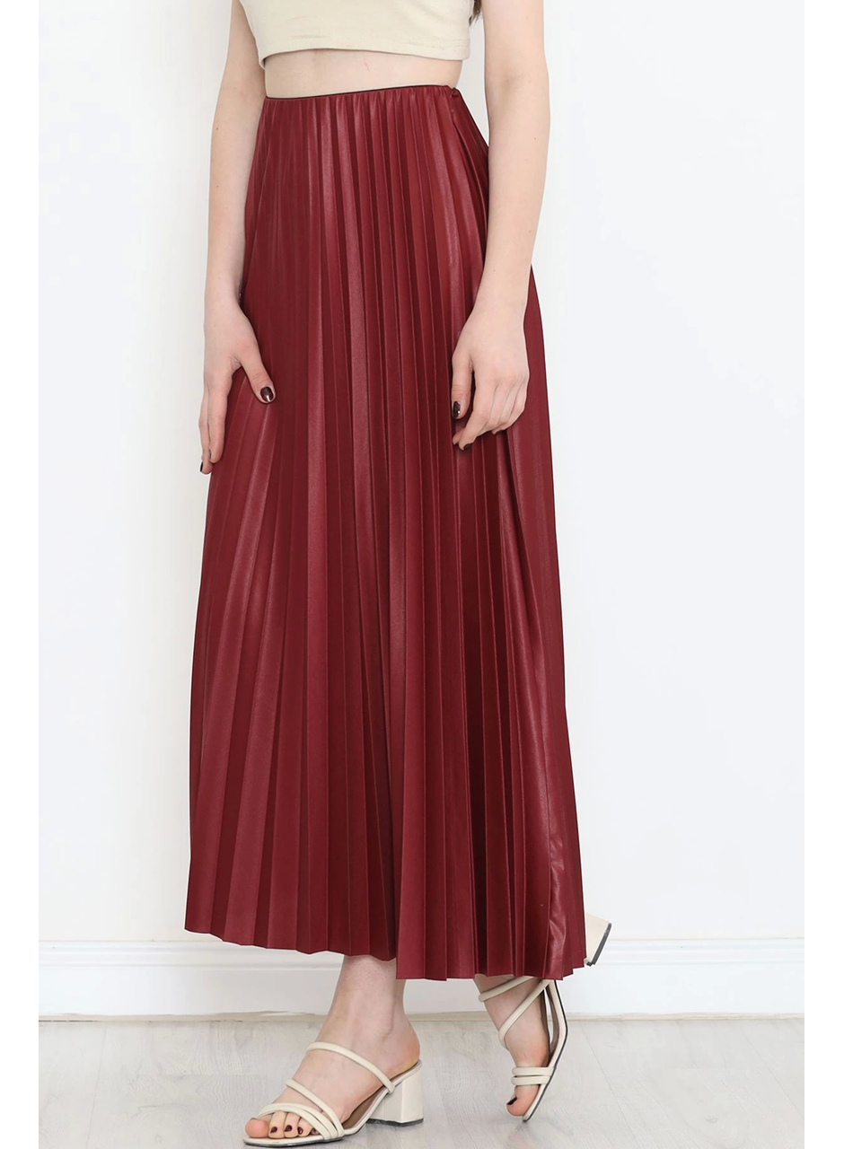 Zarif ve Modern Pileli Parlak Krep Gizli Lastikli Bordo Etek (