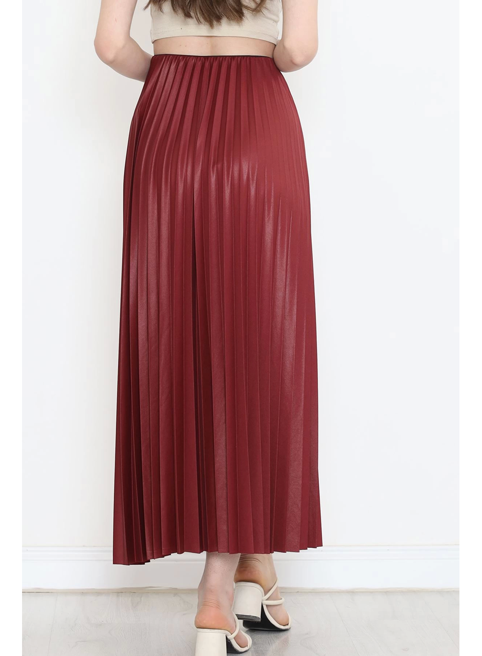Zarif ve Modern Pileli Parlak Krep Gizli Lastikli Bordo Etek (