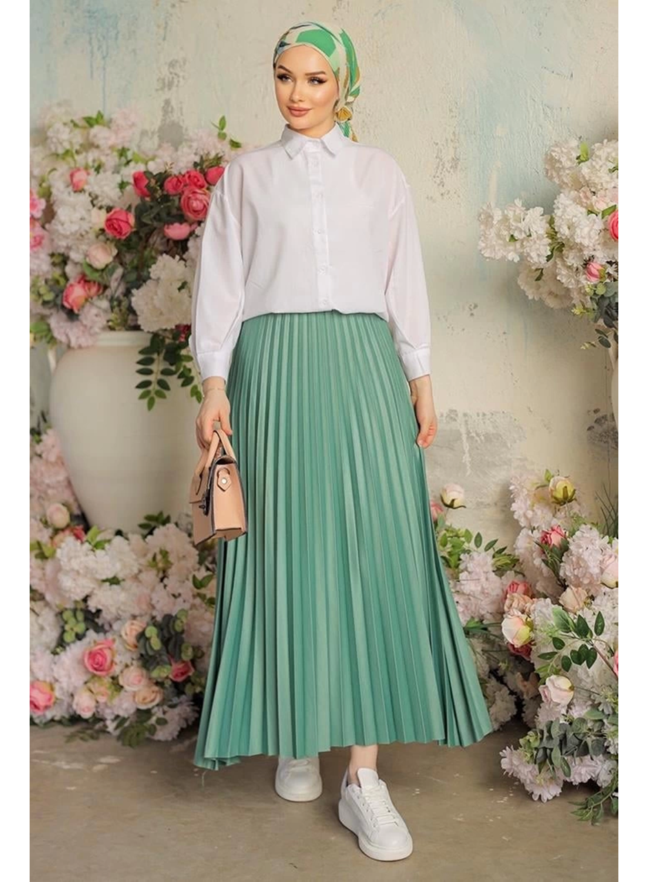 Zarif ve Modern Pileli Parlak Krep Gizli Lastikli Mint Etek (