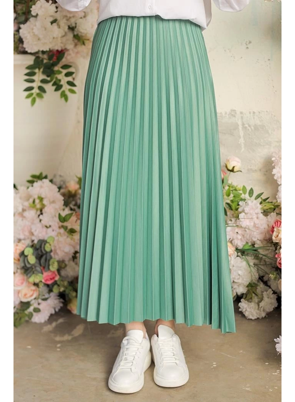 Zarif ve Modern Pileli Parlak Krep Gizli Lastikli Mint Etek (