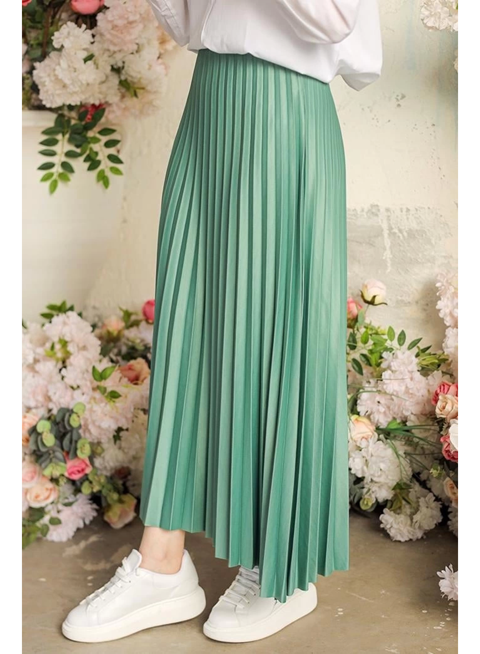 Zarif ve Modern Pileli Parlak Krep Gizli Lastikli Mint Etek (