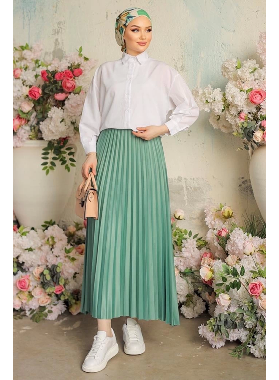 Zarif ve Modern Pileli Parlak Krep Gizli Lastikli Mint Etek (