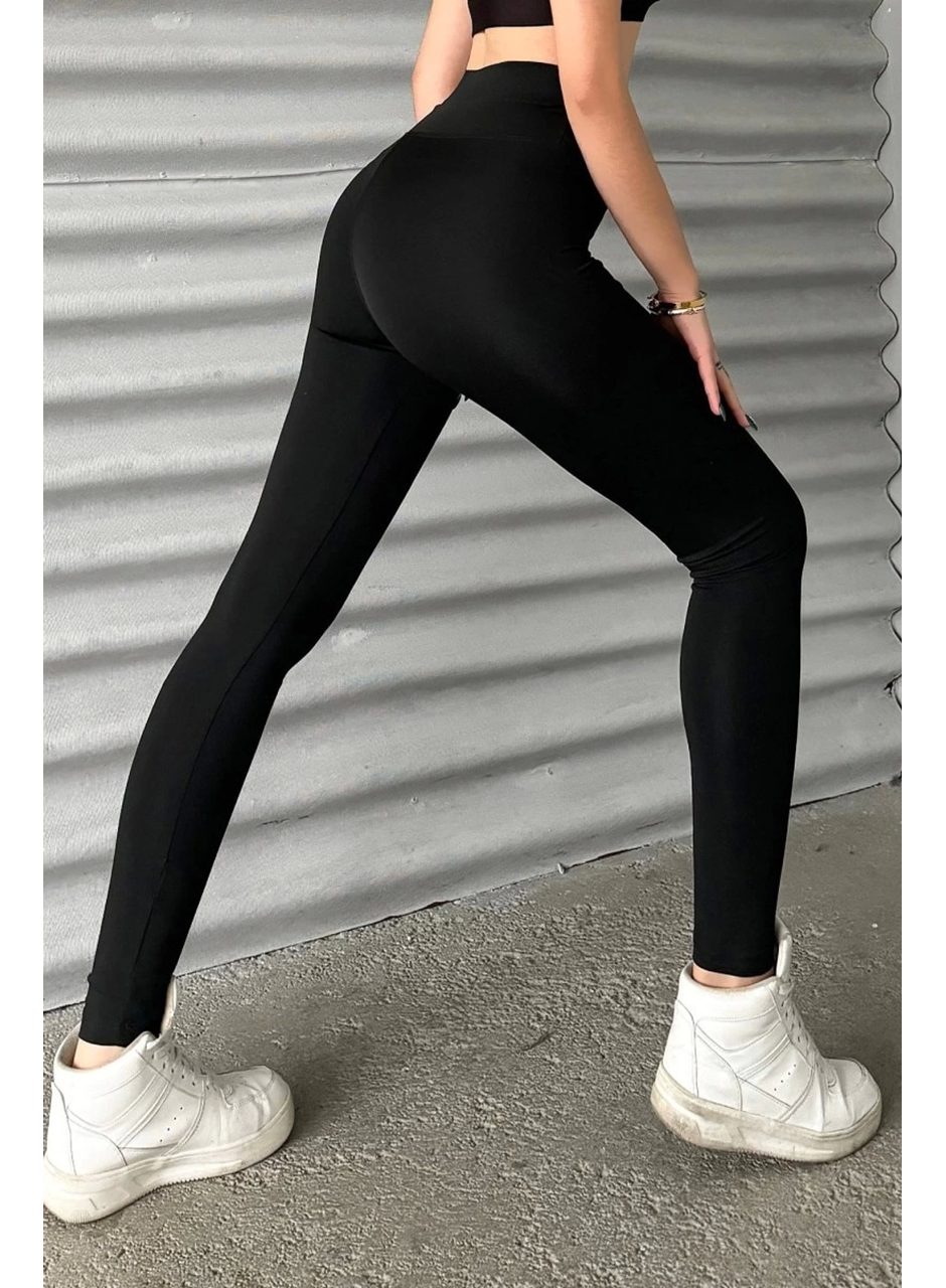 Esnek Yüksek Bel Siyah Uzun Parlak Disco Tayt (