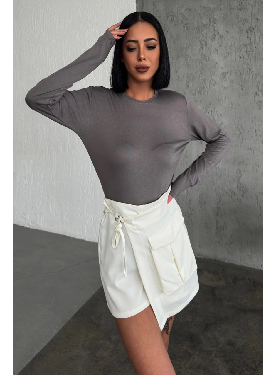 Rahat Ve Şık Uzun Kollu Bisiklet Yaka Likralı Viskon Penye Body Füme (