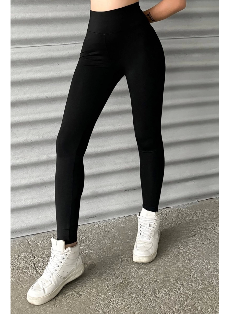 Esnek Yüksek Bel Siyah Uzun Parlak Disco Tayt (