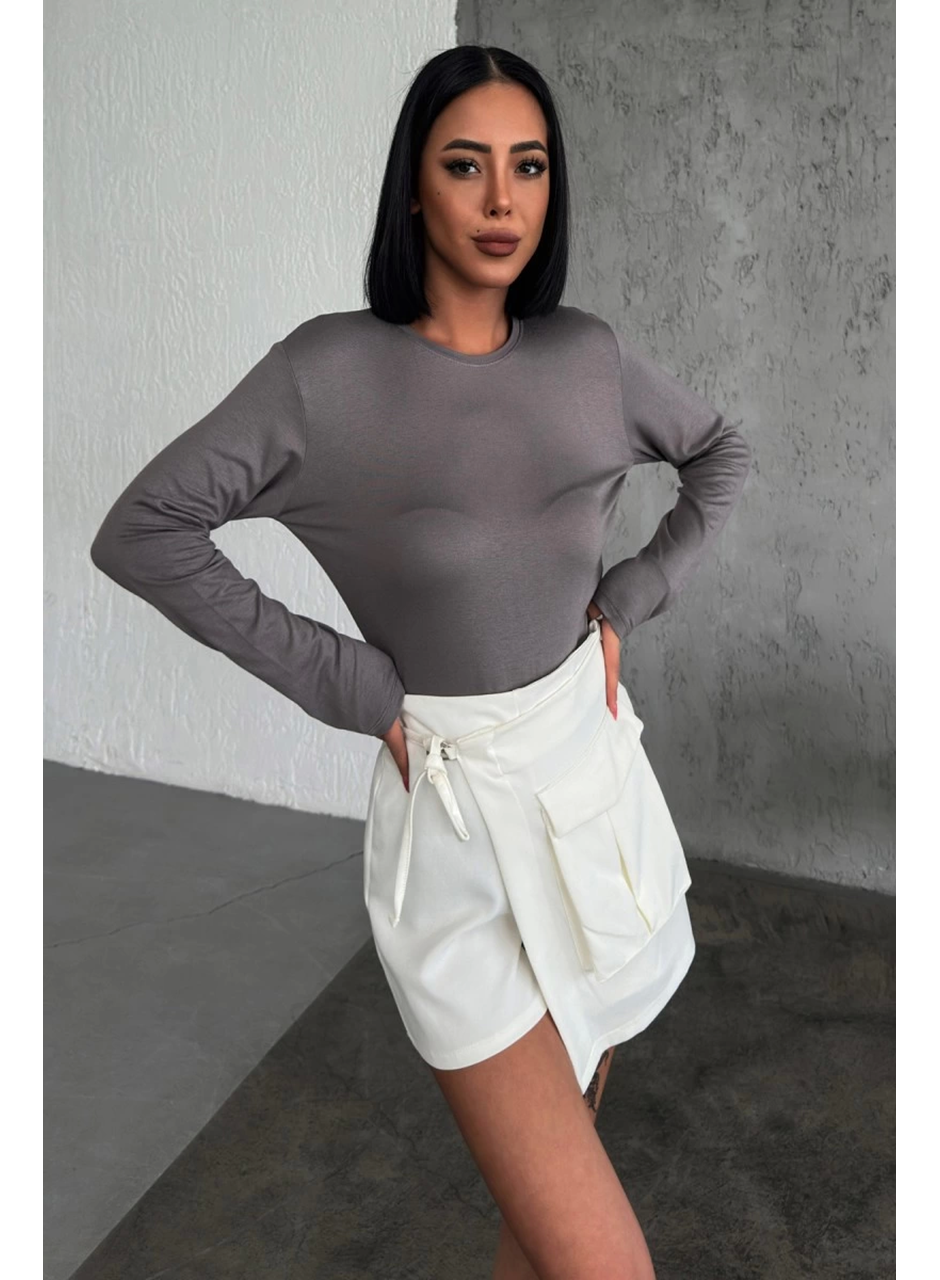 Rahat Ve Şık Uzun Kollu Bisiklet Yaka Likralı Viskon Penye Body Füme (