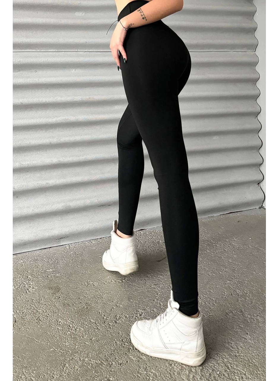 Esnek Yüksek Bel Siyah Uzun Parlak Disco Tayt (