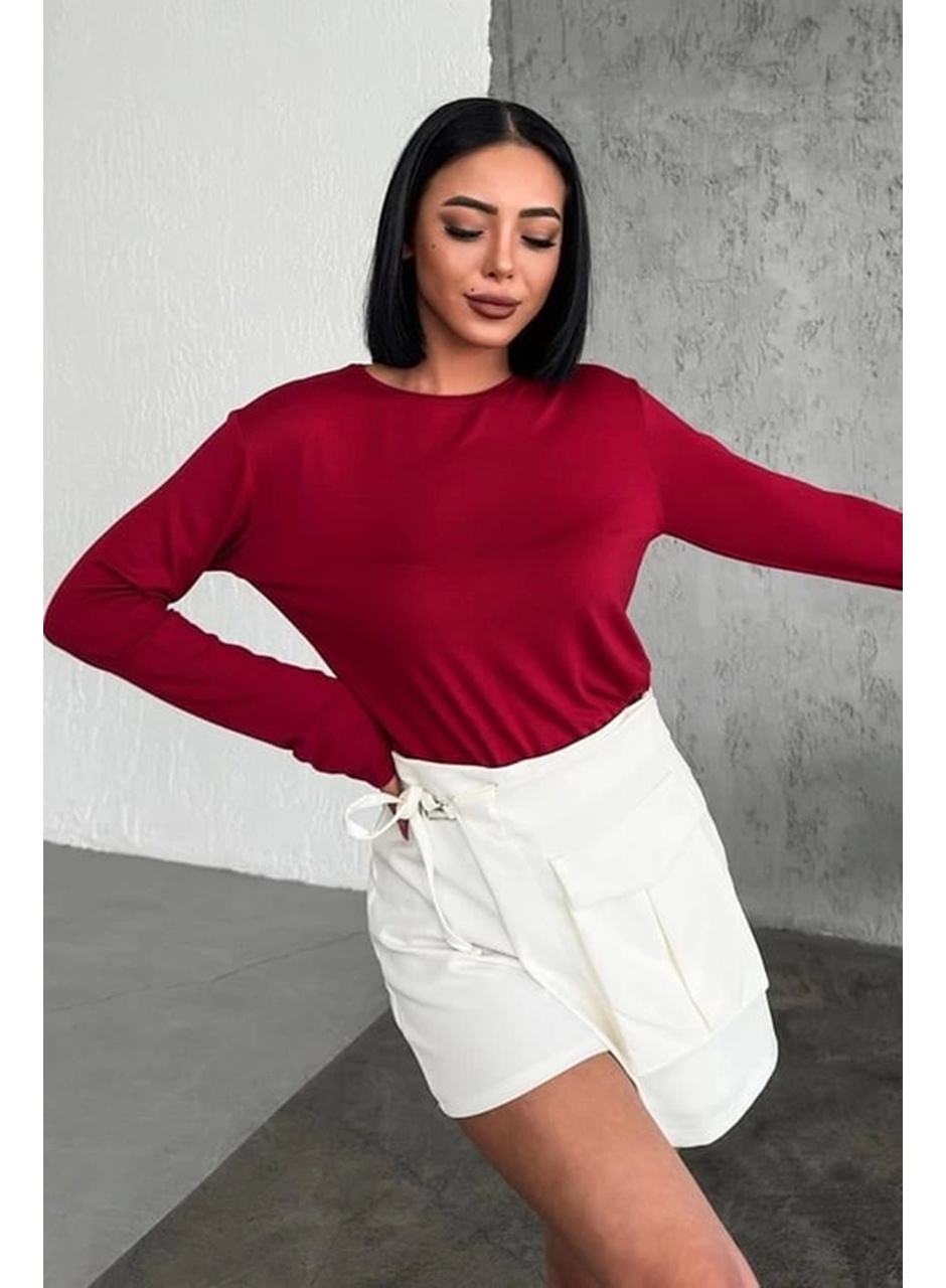 Rahat Ve Şık Uzun Kollu Bisiklet Yaka Likralı Viskon Penye Body Bordo (